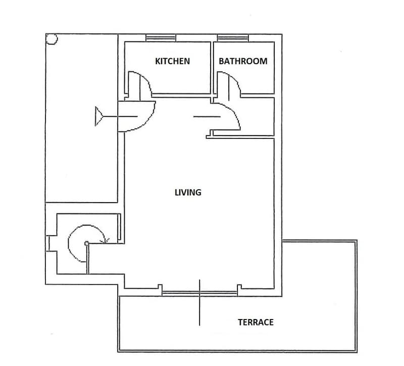 living room, kitchen, bathroom, terrace