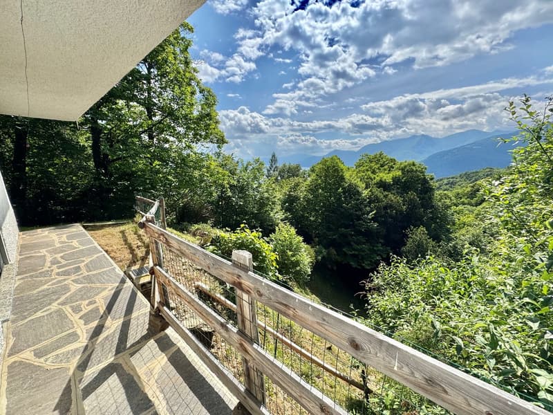 Wooden railing, stone pathway, trees, river, mountains