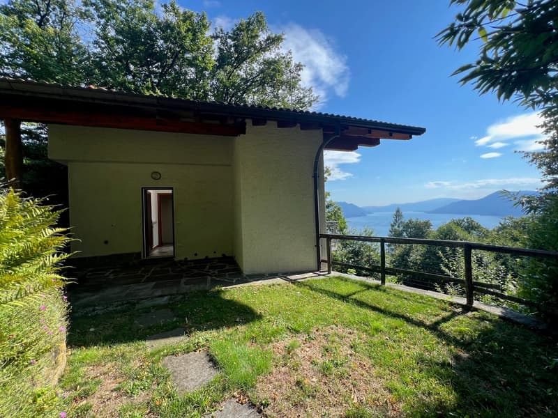 one story house, terrace, mountain view, stone path, lush greenery