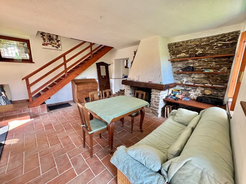 wooden stairs, fireplace, dining table, chair, sofa, wooden shelves, wooden cabinet