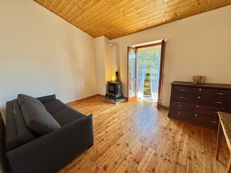 sofa, wooden floor, fireplace, open door to the balcony, side table, chest of drawers