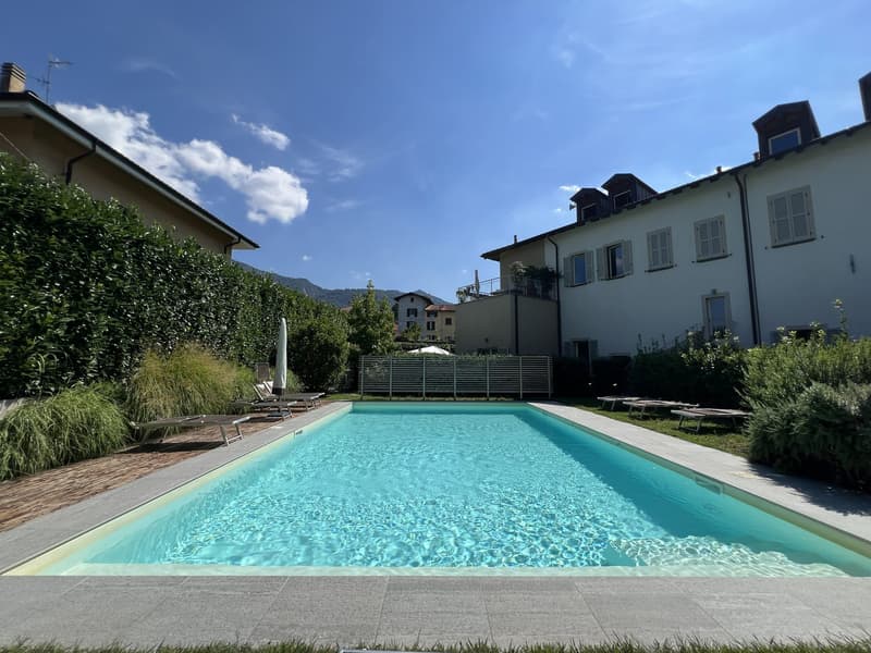 Swimming pool, lounge chairs, umbrellas, shrubs, fencing, mountain in background