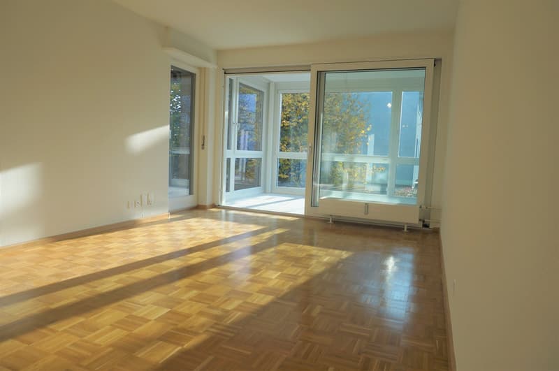 large living room, hardwood floors, white walls, glass doors to terrace, windows, sliding glass doors