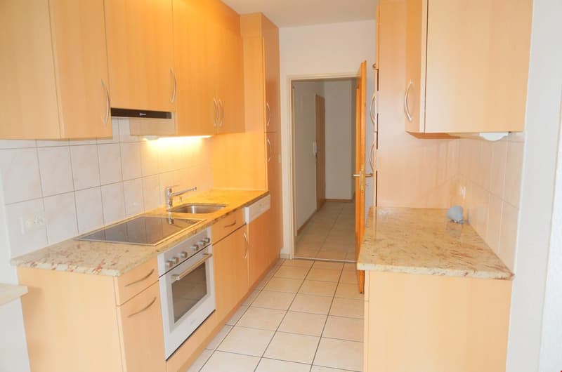 modern kitchen with granite countertops, stainless steel appliances, wooden cabinets, tiled floor