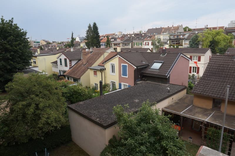 Aerial view of a row of houses with brown roofs, different colors, and chimneys, surrounded by trees and bushes.