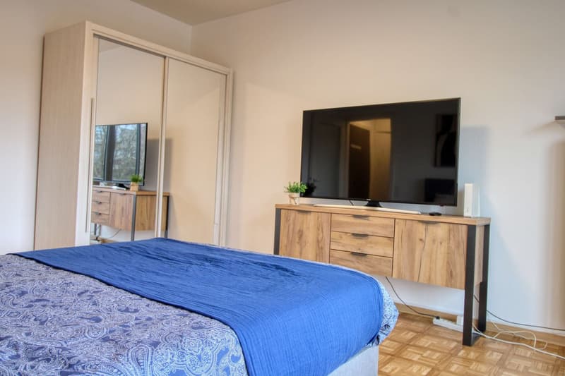 bedroom with bed, TV, wooden cabinet, mirror, wooden floor