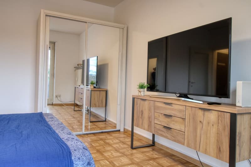 bedroom with bed, TV, cabinet, mirror, wooden floor