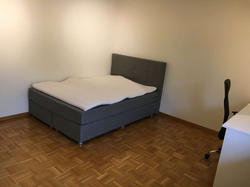 single bed, gray headboard, wooden floor, white walls, white desk, black chair