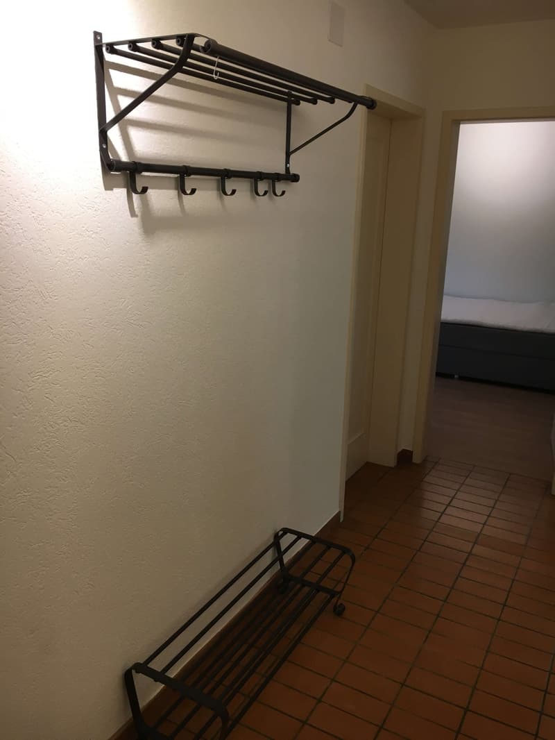 Entrance area, wall mounted shoe rack, floor with square tiles, door leading to a bedroom with bed