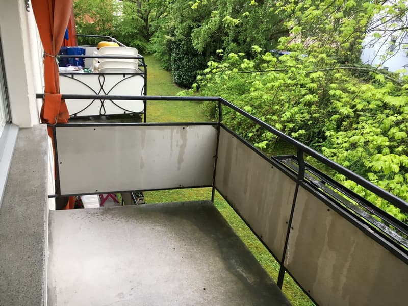 modern balcony with black railing, concrete floor, visible green landscape