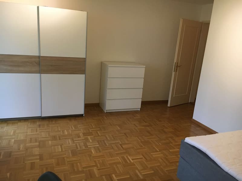 Wooden floor, white wardrobe, three-drawer white cabinet, entrance door, bed