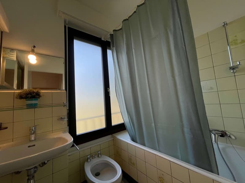 Bathroom with sink, toilet, bathtub, window, mirror, and shower curtain