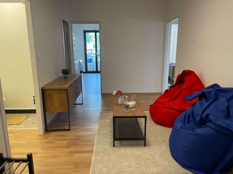 living room with wooden floor, white walls, wooden cabinet, coffee table, bean bags, rug, and a view of a balcony