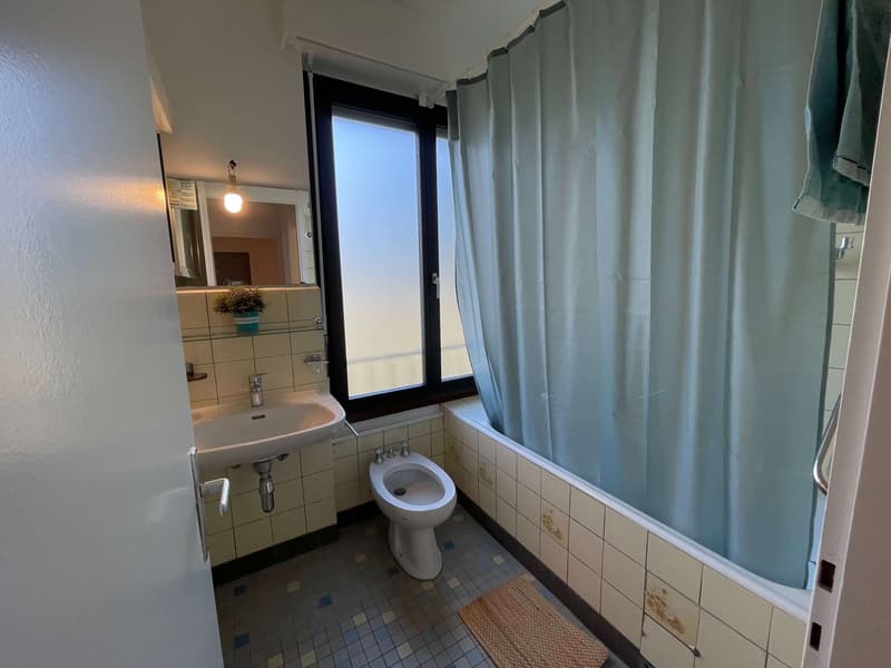 Bathroom with sink, toilet, bathtub, and shower curtain