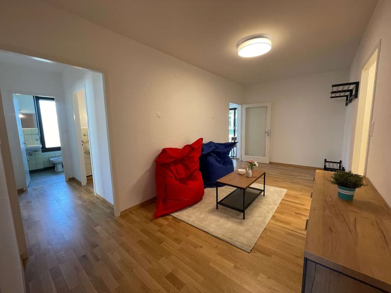 Empty living room with wooden floor, white walls, ceiling light, a rug, a coffee table, and bean bags