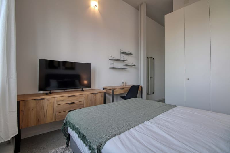 Bedroom with bed, desk, chair, TV, shelves, mirror, and wooden cabinet.
