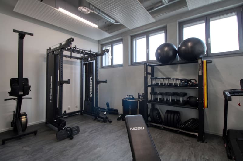 Home gym with various equipment, including a squat rack, weight bench, treadmill, and free weights.