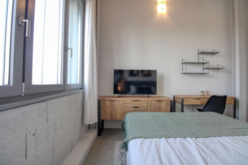 bedroom with bed, desk, chair, TV, shelves, window with curtains