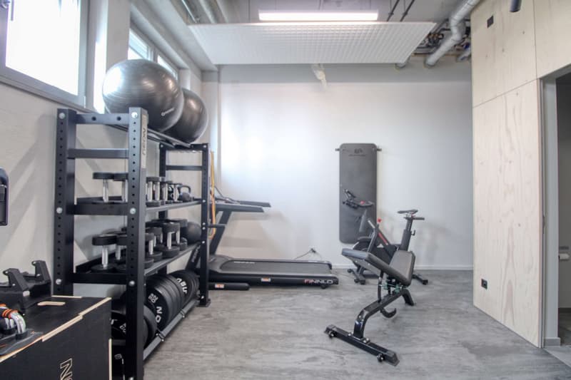 A gym room with a treadmill, weight rack, exercise balls, and a bench press machine.