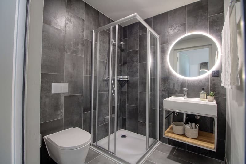 modern bathroom with shower, toilet, sink, mirror, and shelves