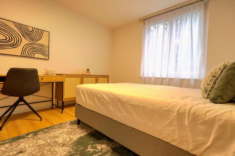 bedroom with bed, desk, chair, cabinet, rug, window with curtains