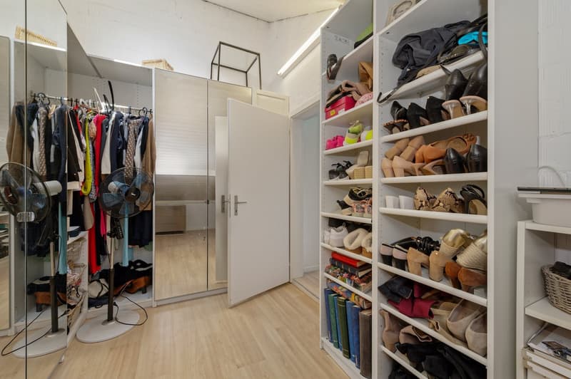 walk-in closet with shelves, hanging clothes, fans, baskets, and various footwear