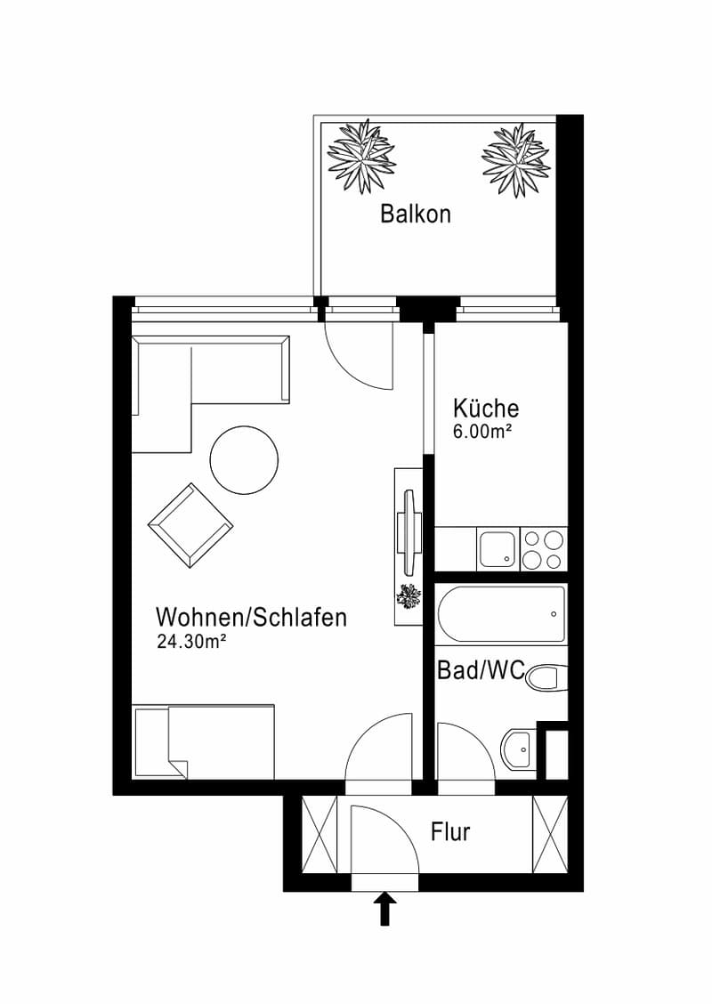 Living/Sleeping area, Kitchen, Bathroom/WC, Balcony
