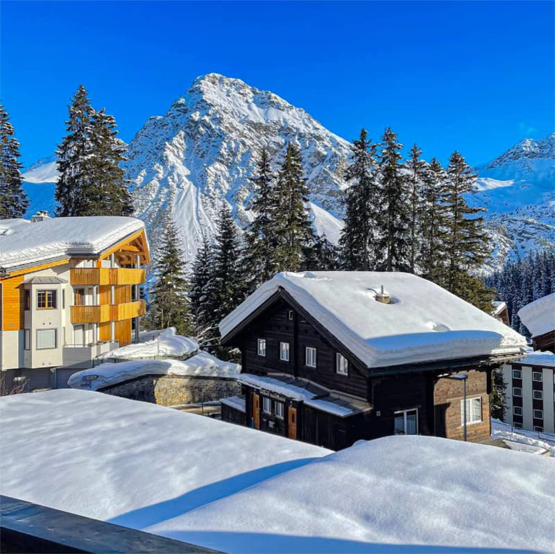 Mountain house, wooden exterior, snow on the roof, surrounded by pine trees, snowy mountain in the background