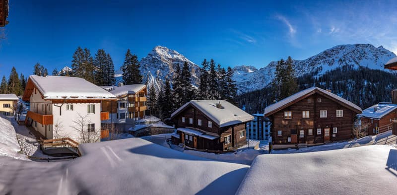 chalet style houses, snow covered, mountains in the background
