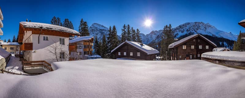 wooden houses, snow, mountains, clear sky