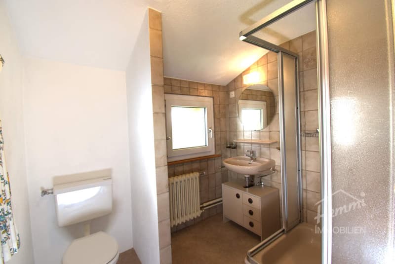 Bathroom with toilet, sink, shower, mirror, radiator, tiled walls