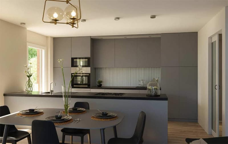 modern kitchen with island, gray cabinets, black countertops, dining table, chandelier, black chairs