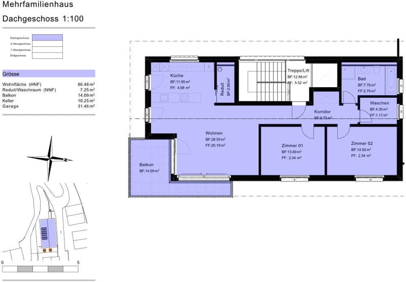 Floor plan of a multi-family house with 2 floors, kitchen, living room, 2 bedrooms, bathroom, balcony, garage