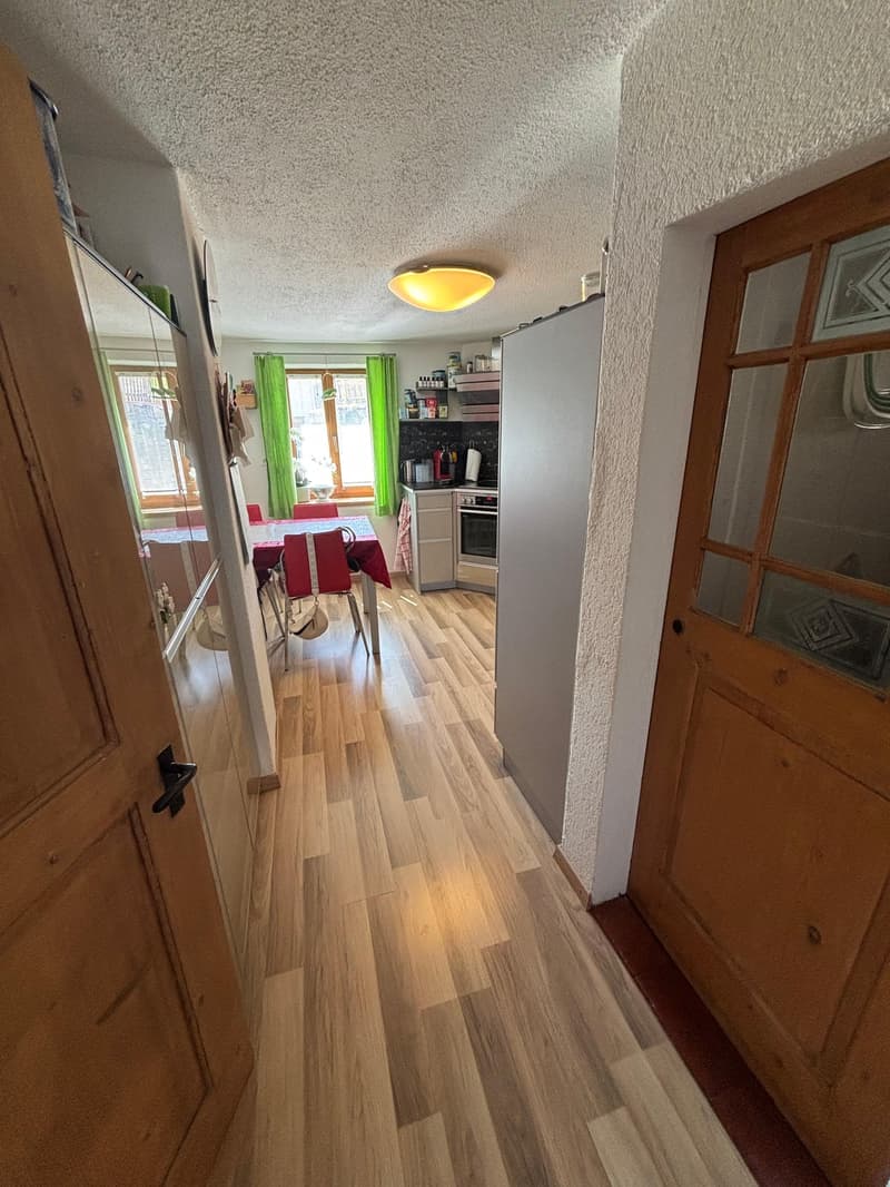 Corridor with hardwood floors, wooden doors, illuminated by a ceiling lamp, leading to a dining area with a table and chairs, and a kitchen with green windows and modern appliances.