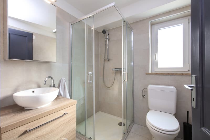 Modern bathroom with a glass-enclosed shower, a vessel sink on a wooden vanity, and a toilet. The room has a clean, minimalist design with neutral colors and natural materials.