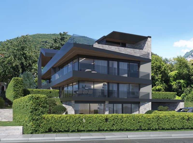 3-story modern design house, glass walls, balcony on each floor, surrounded by greenery, mountain in the background