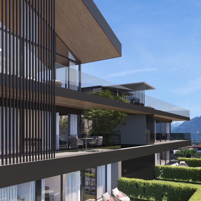 Contemporary two-story house with balconies, glass railings, wooden ceiling, glass walls, outdoor furniture, greenery