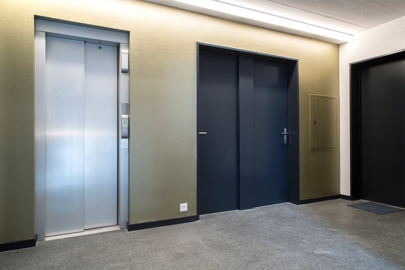 A lift is placed on the left, and a closed door is placed beside it. A switch is mounted on the wall behind the closed door. Another door is placed on the right side, and a power outlet is located at the bottom near the door. A carpet is spread on the flo