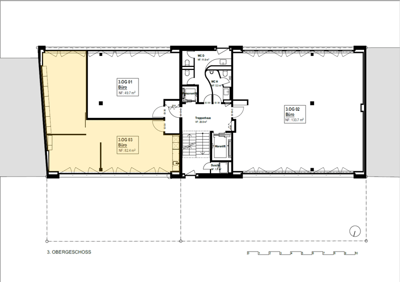3 offices, stairwell, storage, bathroom, shower