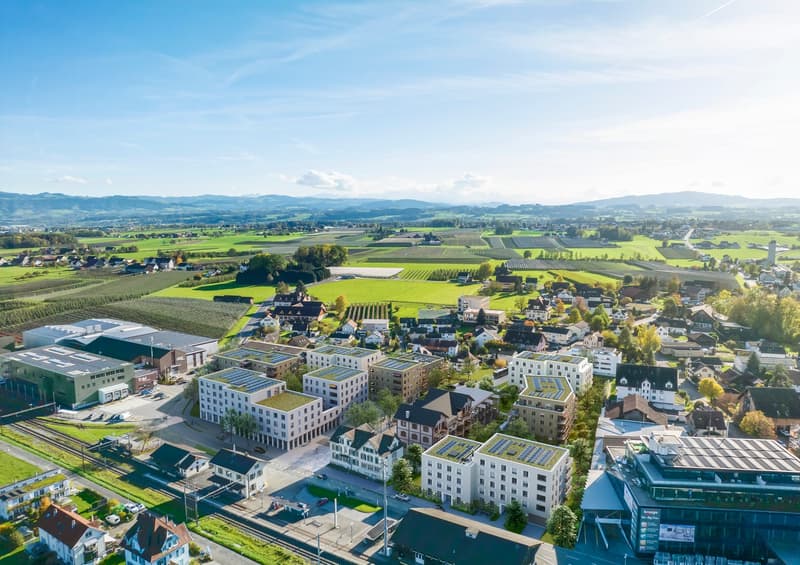 This image shows an aerial view of a town surrounded by lush green fields and rolling hills. The town has a mix of modern and traditional buildings, with some buildings having solar panels on the roofs. There are also some industrial or commercial buildin