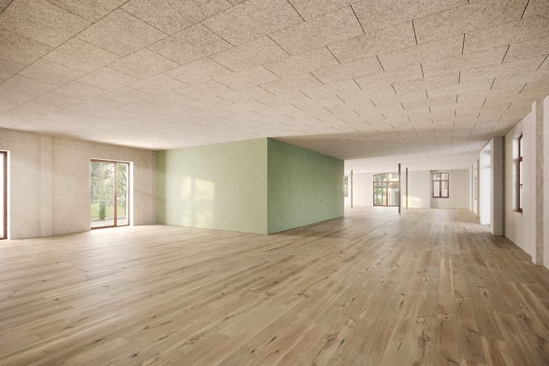 Large open space with hardwood floors, white walls, and a green accent wall. The room has large windows providing natural light and a high ceiling with a textured pattern. The space appears to be an empty room or hallway ready for furnishing and use.