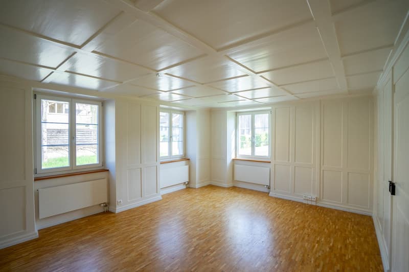 empty room, wooden floor, white walls, white ceiling, three windows, radiators