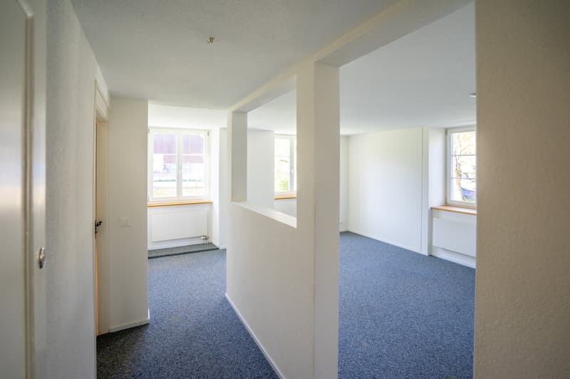 Empty hallway with white walls, blue carpet, windows, and a door.