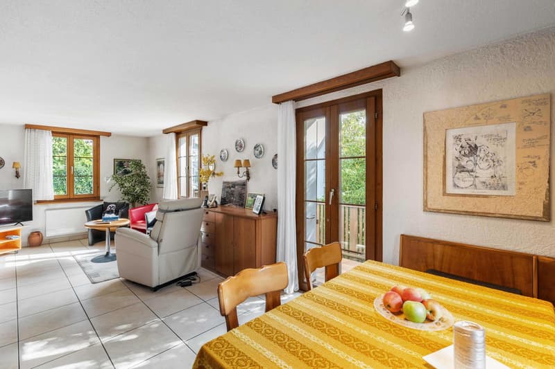 tiles, wooden furniture, table, dining chairs, armchair, TV, curtains, wall decorations, balcony access