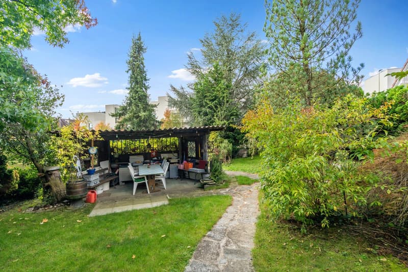 Outdoor patio with table and chairs, covered by pergola, various plants and trees, pathway