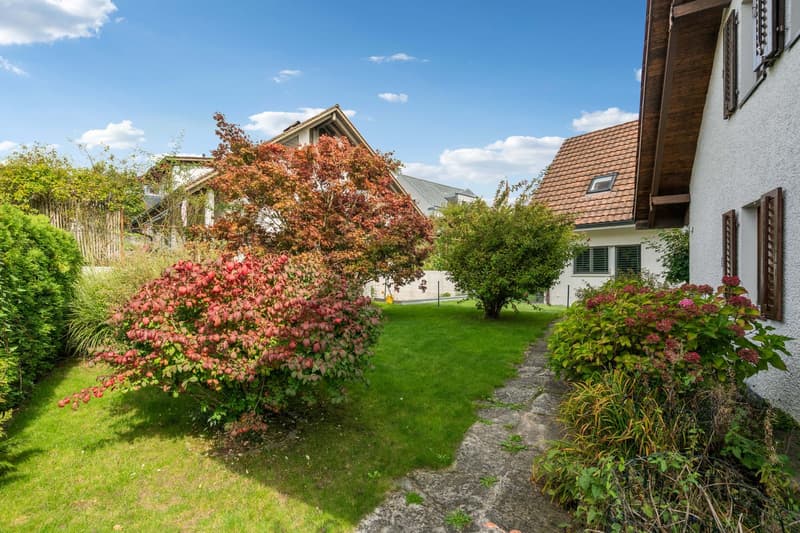 Garden with a well-maintained lawn, several ornamental plants, a paved pathway, and distant houses with different roofing styles.