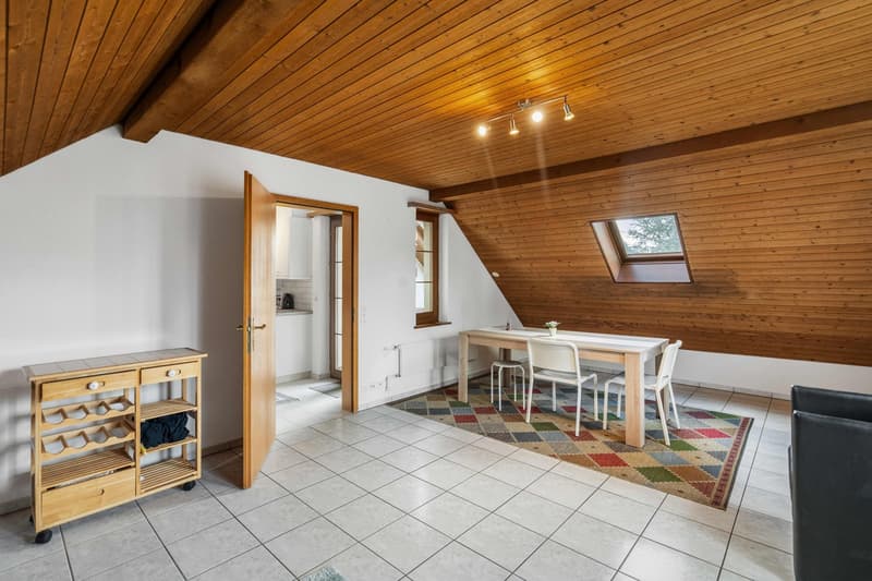 open plan living and dining room, wooden ceiling, table, chairs, rug, wooden counter with drawers, open door, small kitchen