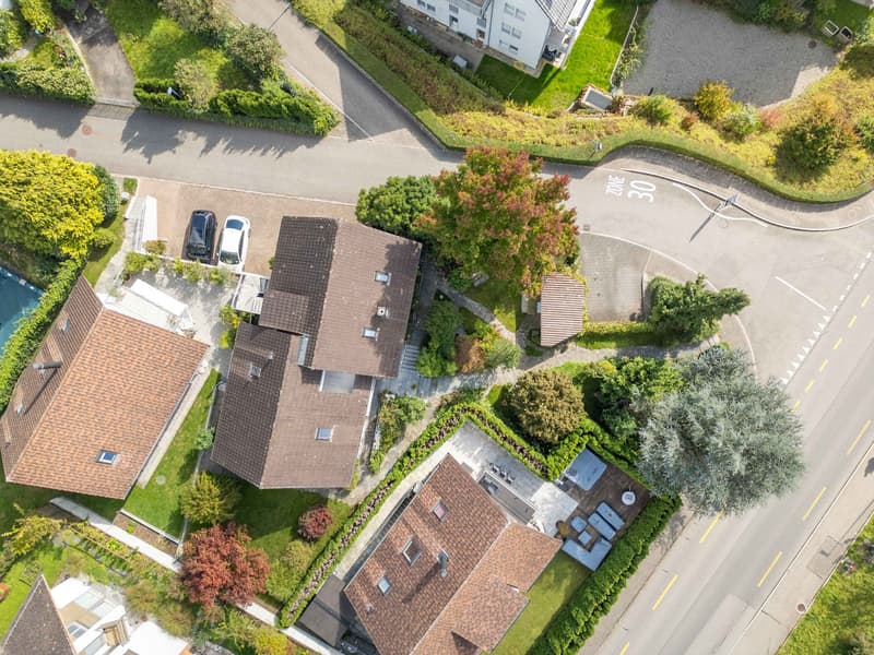 Three detached houses, brown roofs, garden areas, swimming pool, outdoor seating, parking area