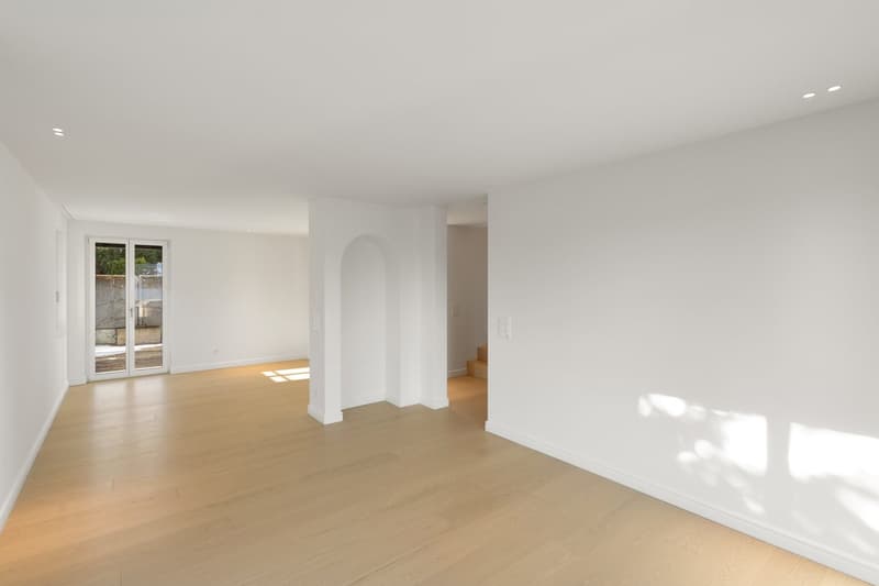 empty room, white walls, wooden floor, sliding glass door, arch design, recessed lighting