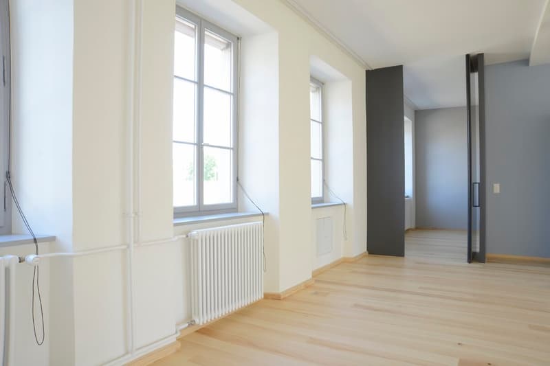 empty room, wooden floor, white walls, large windows, white radiators